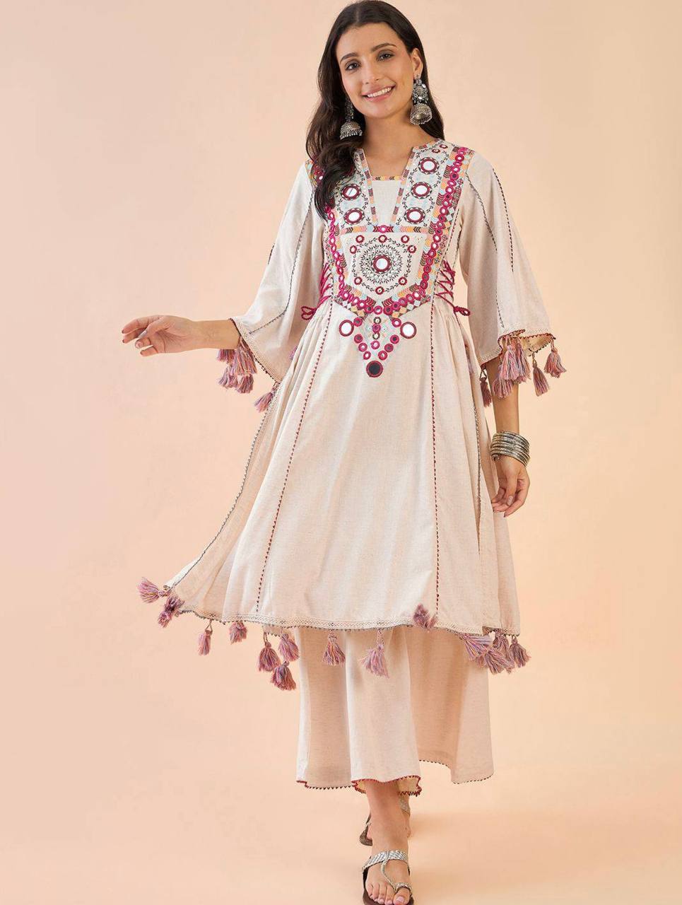 Boho-Inspired Pure Khadi Cotton Set with Sequence & Mirror Embroidery