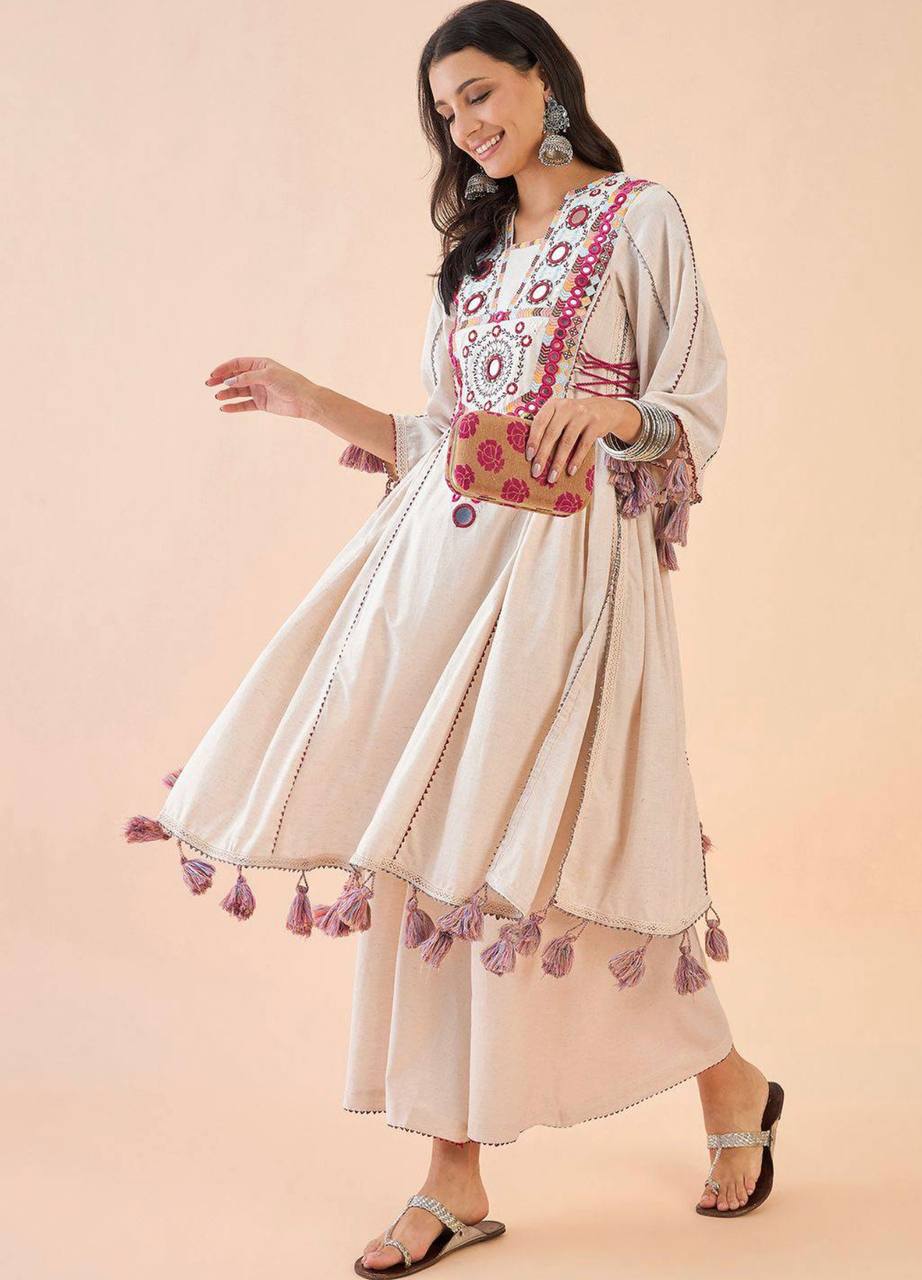Boho-Inspired Pure Khadi Cotton Set with Sequence & Mirror Embroidery