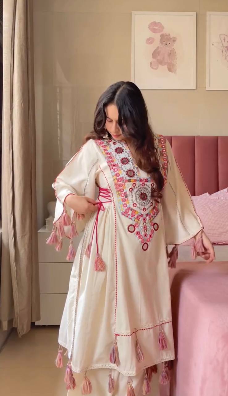 Boho-Inspired Pure Khadi Cotton Set with Sequence & Mirror Embroidery