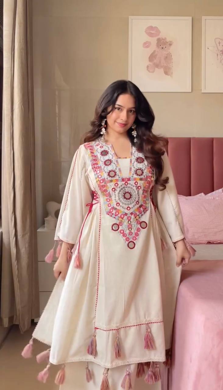 Boho-Inspired Pure Khadi Cotton Set with Sequence & Mirror Embroidery