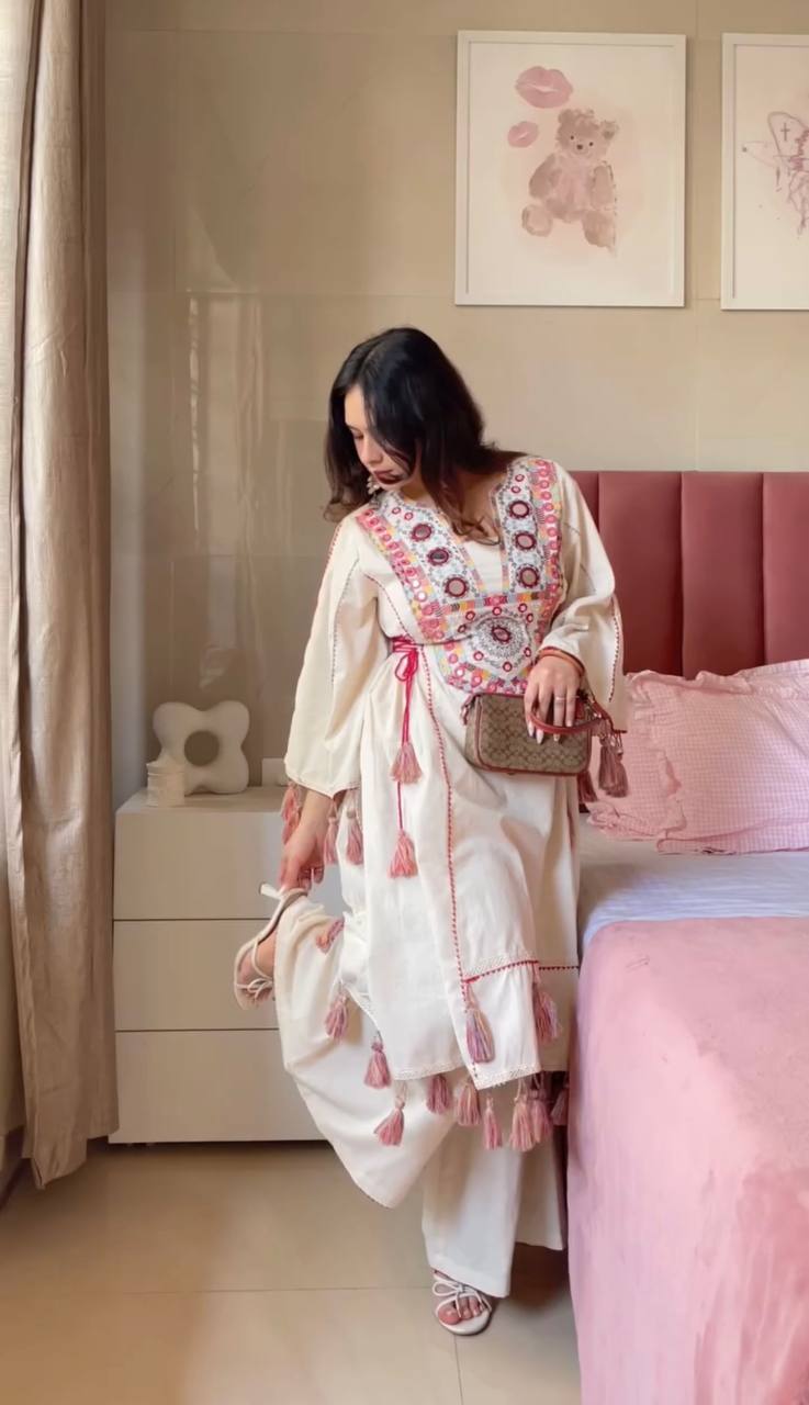 Boho-Inspired Pure Khadi Cotton Set with Sequence & Mirror Embroidery