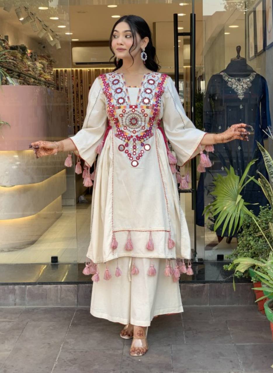 Boho-Inspired Pure Khadi Cotton Set with Sequence & Mirror Embroidery