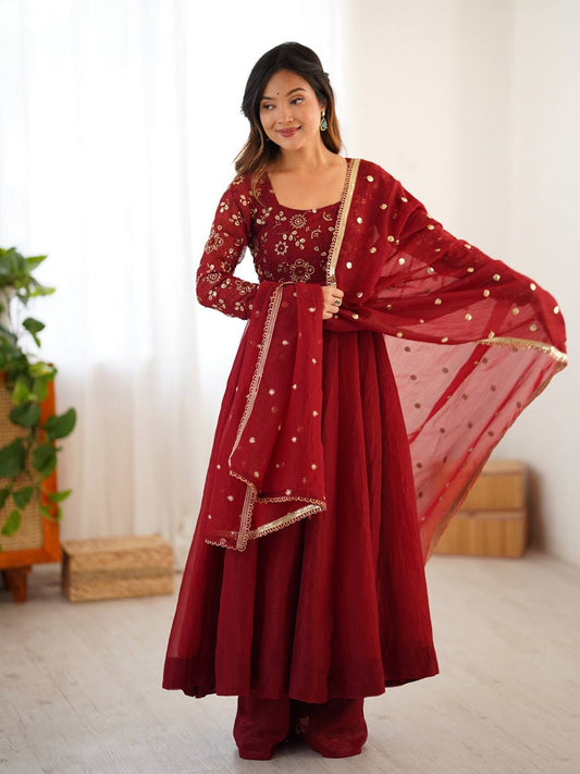 Luxury Crunchy Silk Flared Gown with Coordinated Pants and Embroidered Dupatta