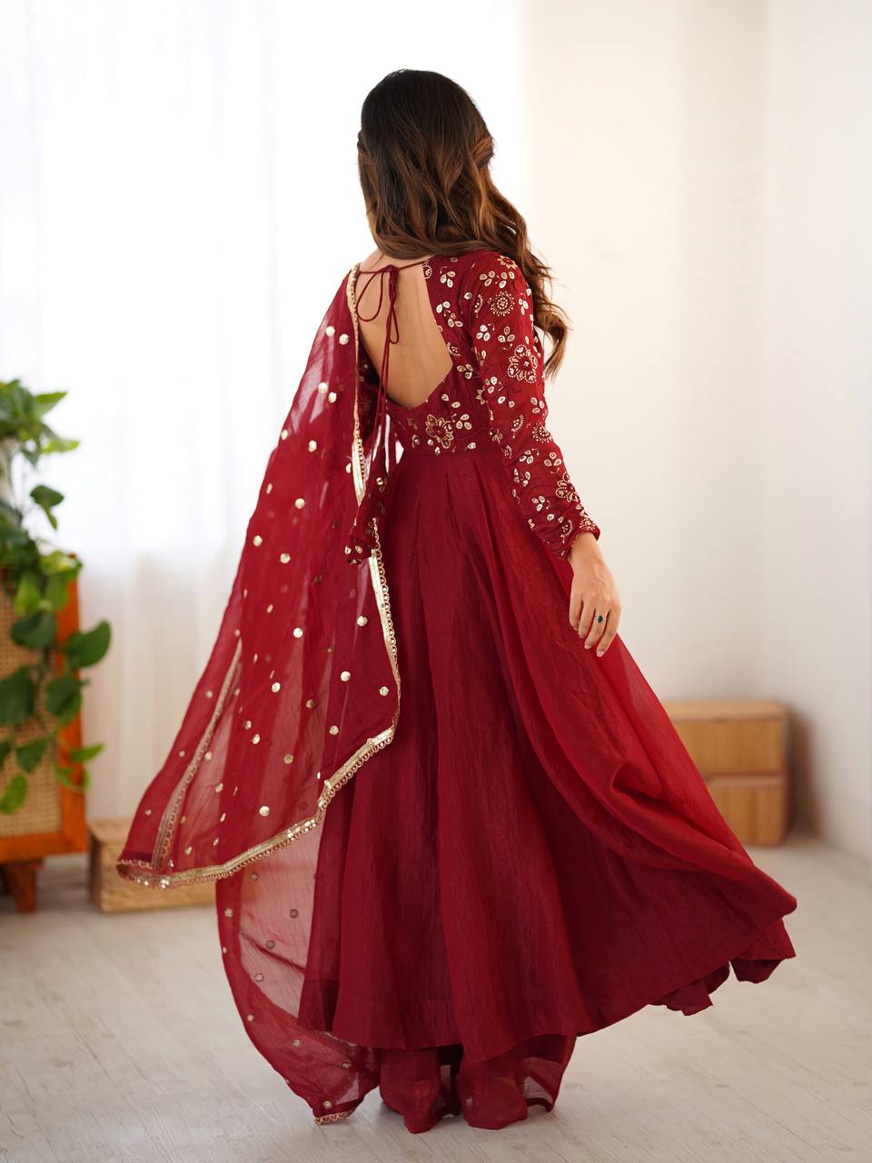 Luxury Crunchy Silk Flared Gown with Coordinated Pants and Embroidered Dupatta