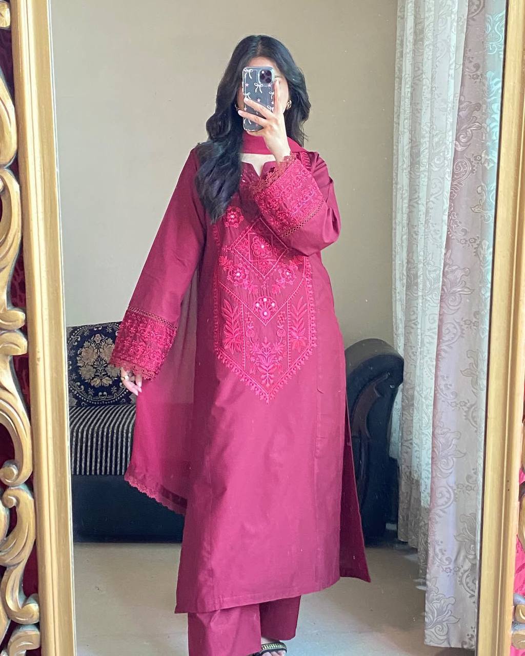 Luxury Roman Silk Top and Pant with Intricate GPO Embroidery & Georgette Dupatta Designer Suit Set in Roman Silk – GPO Lace Embellishment with Elegant Dupatta