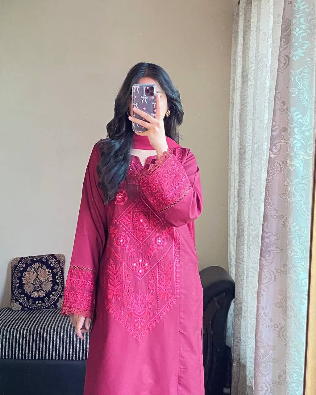 Luxury Roman Silk Top and Pant with Intricate GPO Embroidery & Georgette Dupatta Designer Suit Set in Roman Silk – GPO Lace Embellishment with Elegant Dupatta