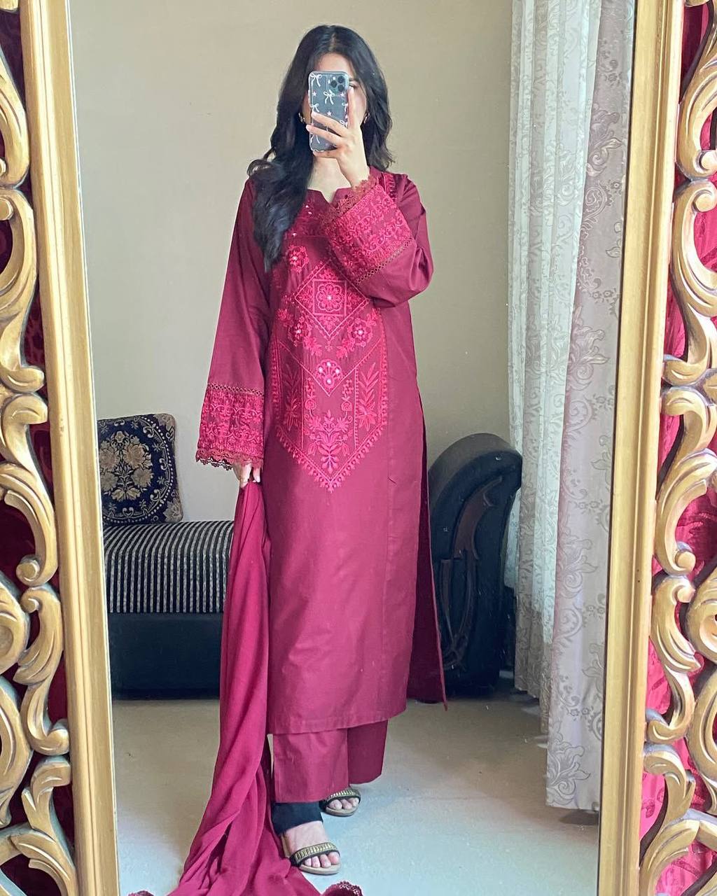 Luxury Roman Silk Top and Pant with Intricate GPO Embroidery & Georgette Dupatta Designer Suit Set in Roman Silk – GPO Lace Embellishment with Elegant Dupatta