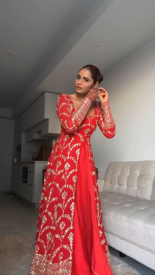 Elegant Red Faux Georgette Top with Micro Inner and Intricate Thread Sequin Work