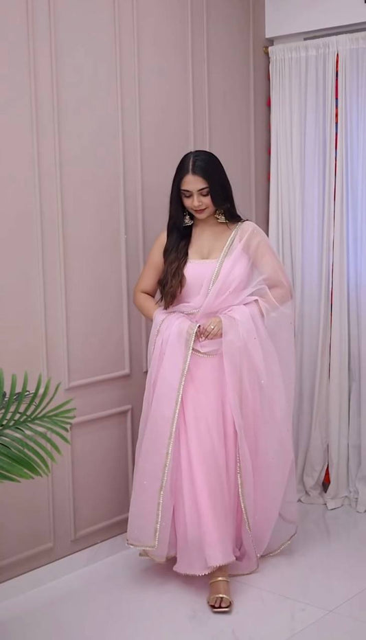 Premium Fully Stitched Faux Georgette Gown Set with Elastic Pants and Embroidered Dupatta