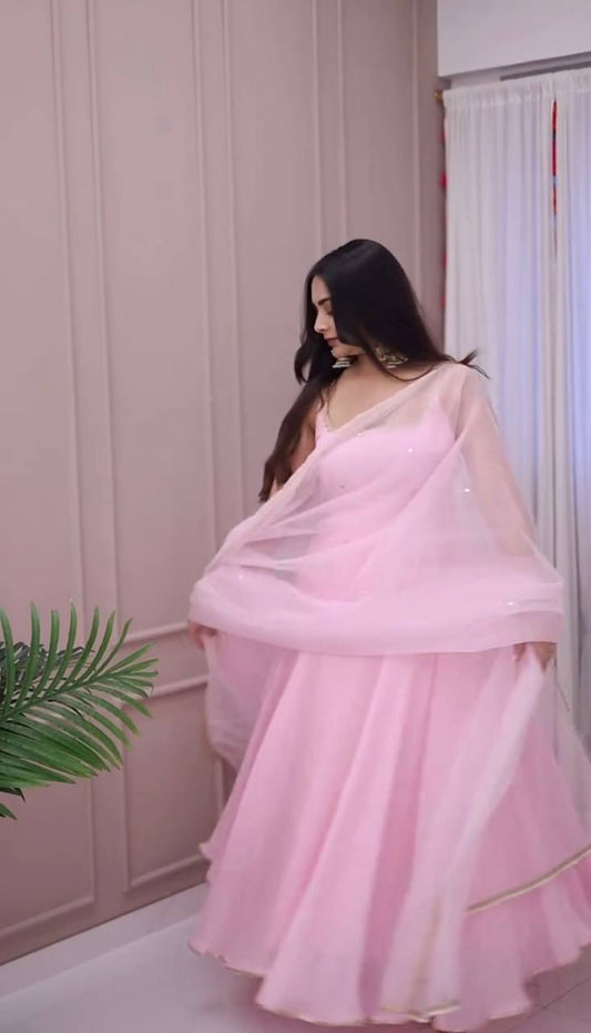 Premium Fully Stitched Faux Georgette Gown Set with Elastic Pants and Embroidered Dupatta