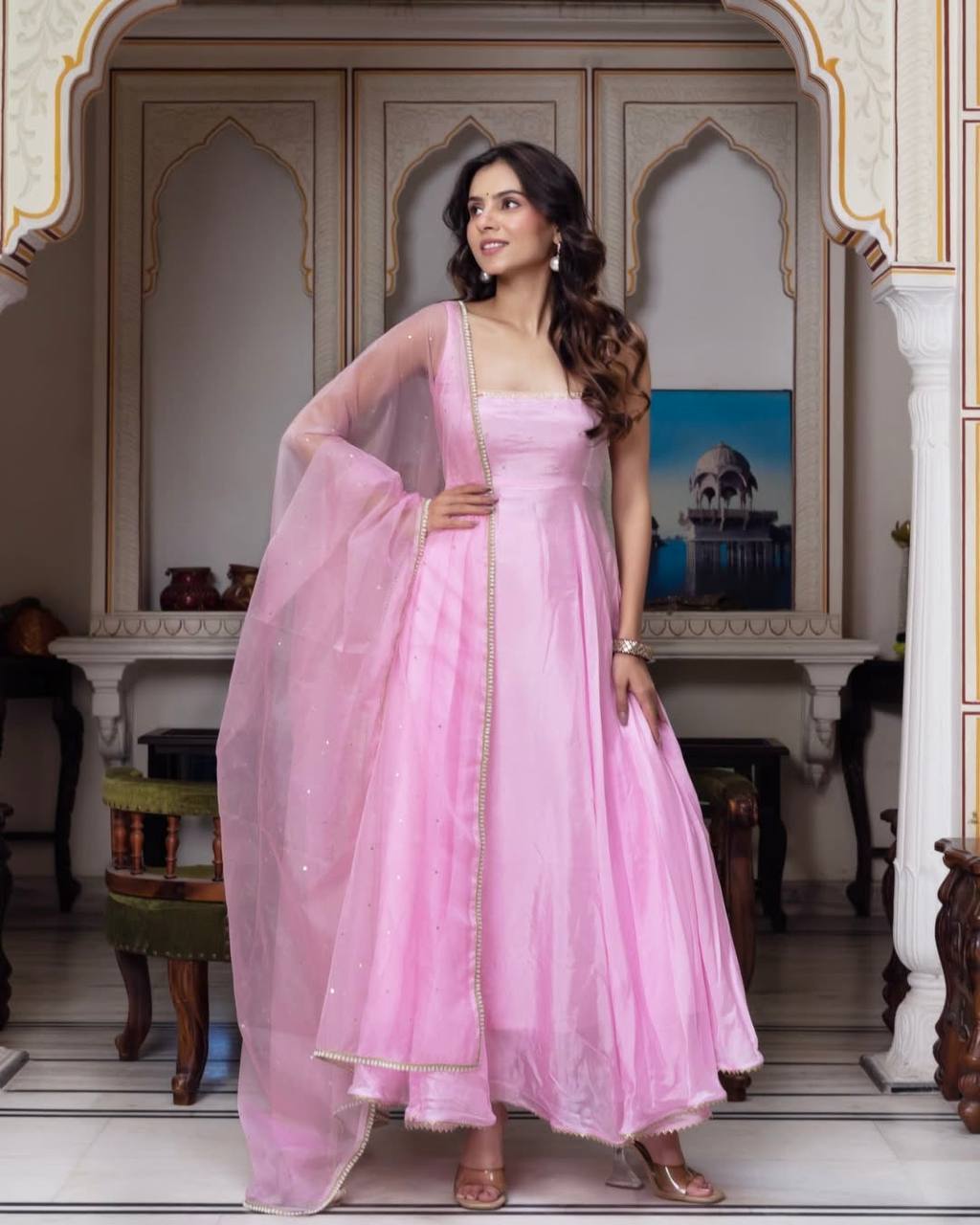 Premium Fully Stitched Faux Georgette Gown Set with Elastic Pants and Embroidered Dupatta