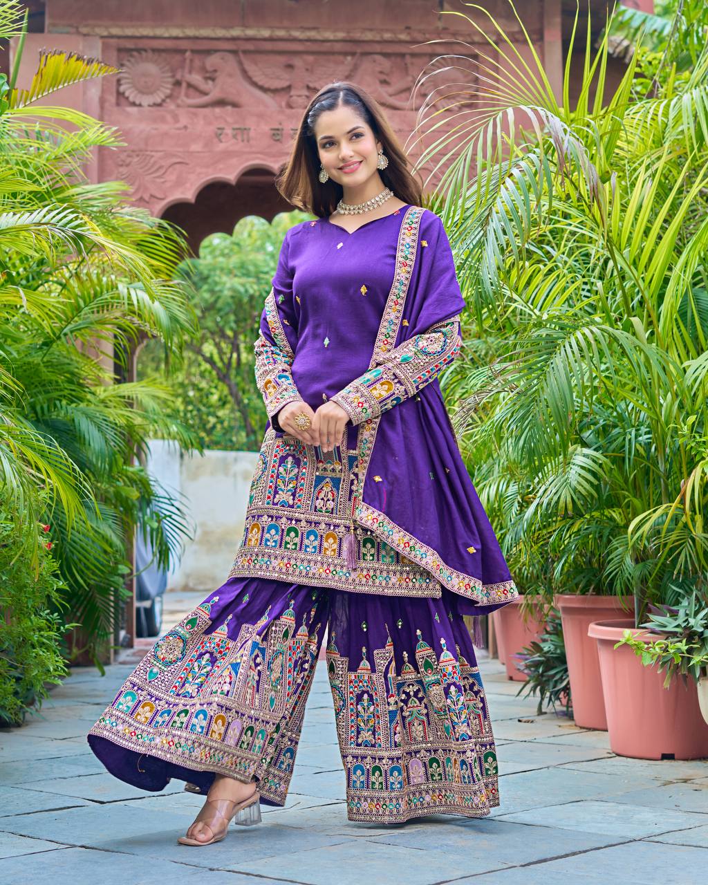 Elegant Pure Chinnon Silk Kurti Plazzo and Dupatta Set with Coding Dori and Sequence Work