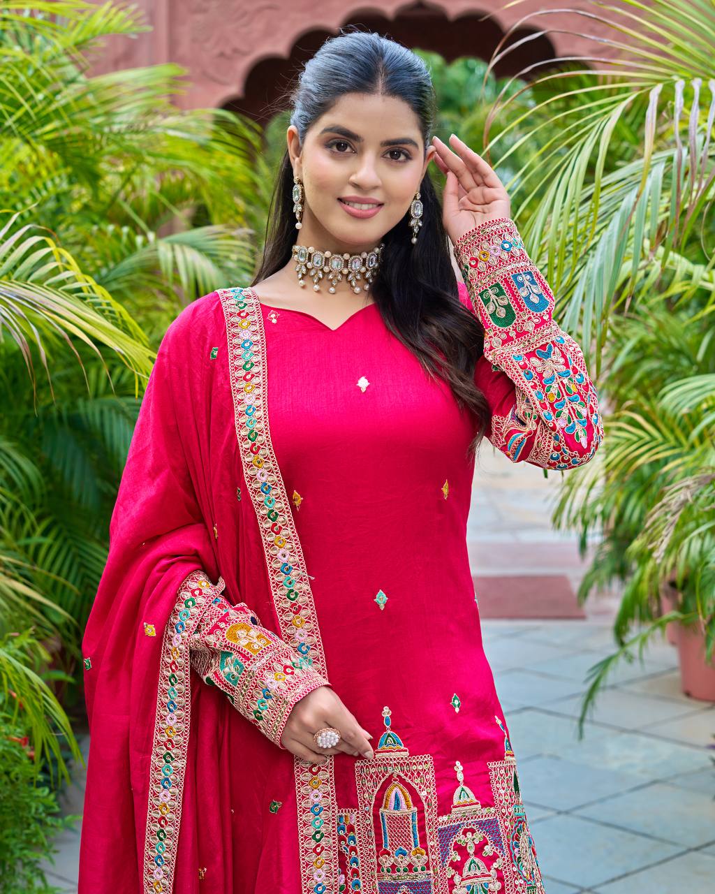 Elegant Pure Chinnon Silk Kurti Plazzo and Dupatta Set with Coding Dori and Sequence Work