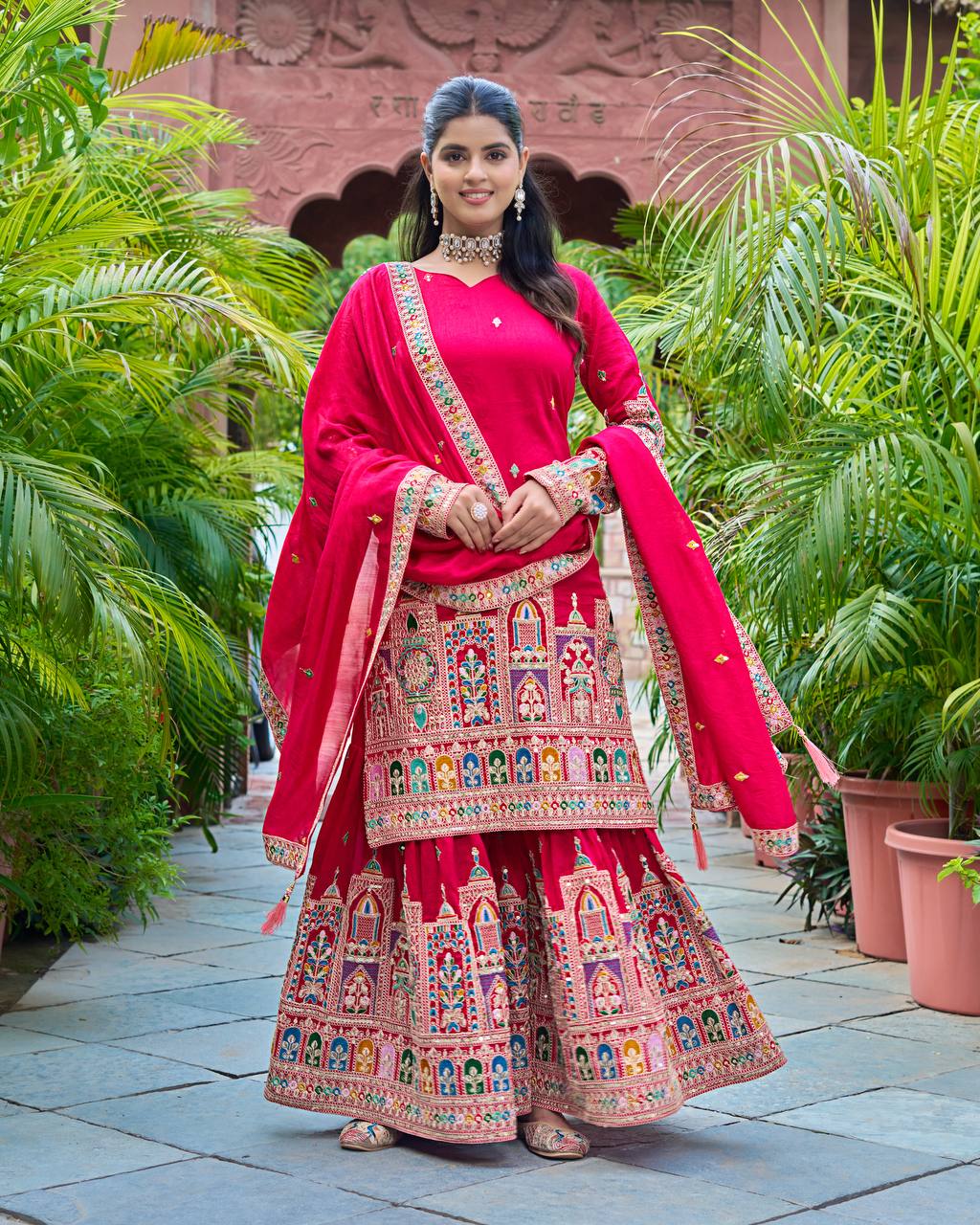 Elegant Pure Chinnon Silk Kurti Plazzo and Dupatta Set with Coding Dori and Sequence Work