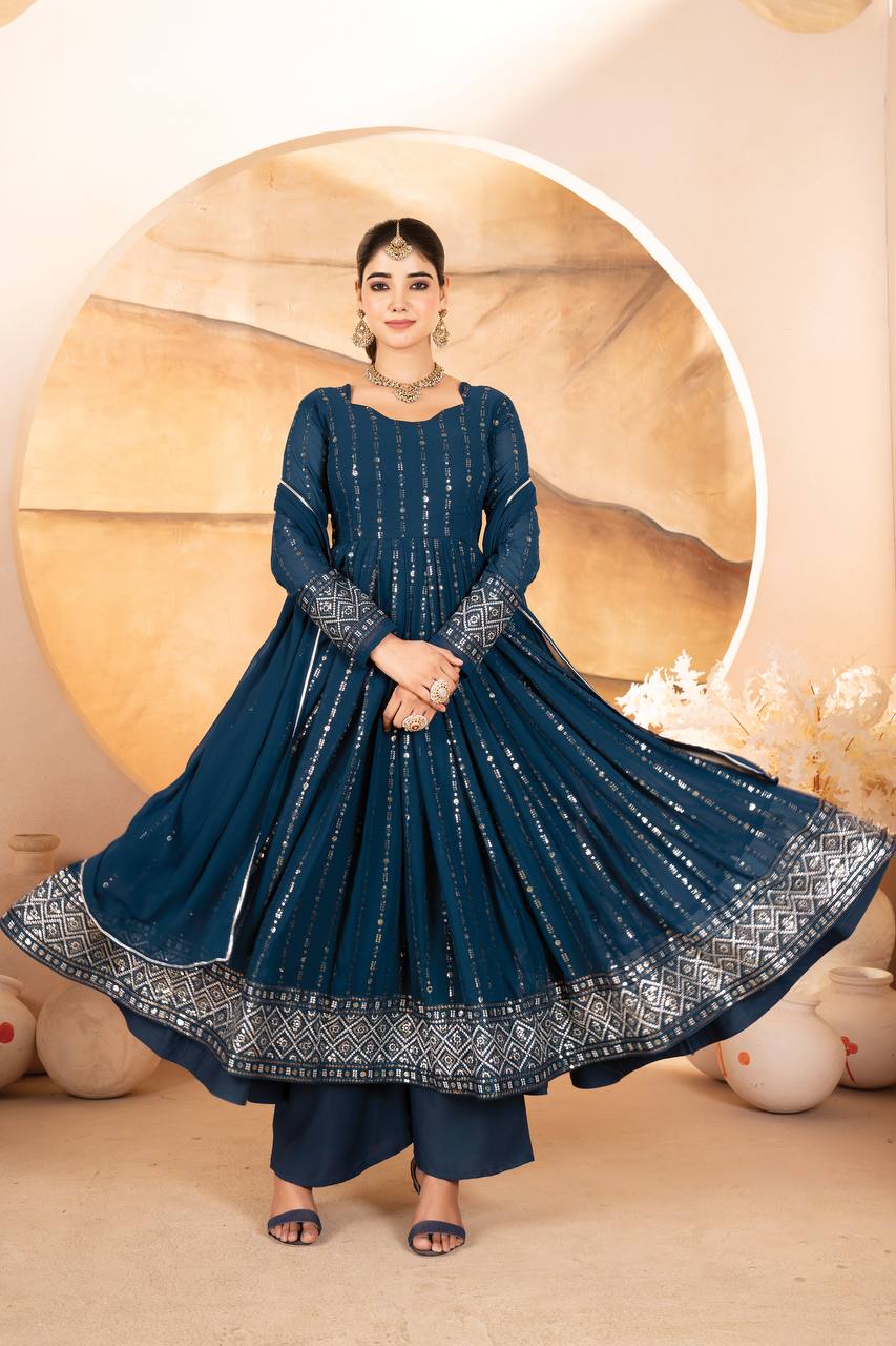 Designer Luxury Anarkali Suit Set Three Pieces with Faux Blooming Fabric Heavy Sequin and Thread Embroidery
