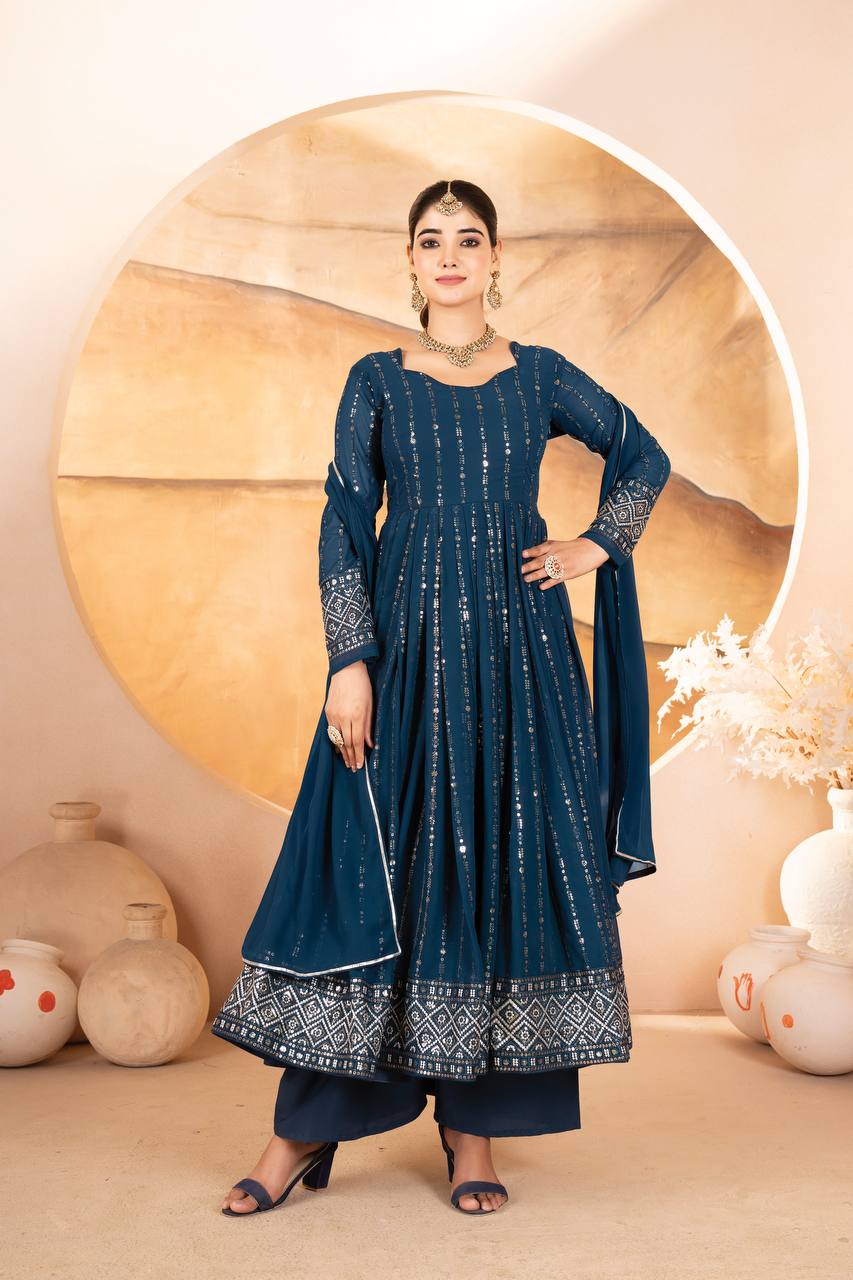 Designer Luxury Anarkali Suit Set Three Pieces with Faux Blooming Fabric Heavy Sequin and Thread Embroidery