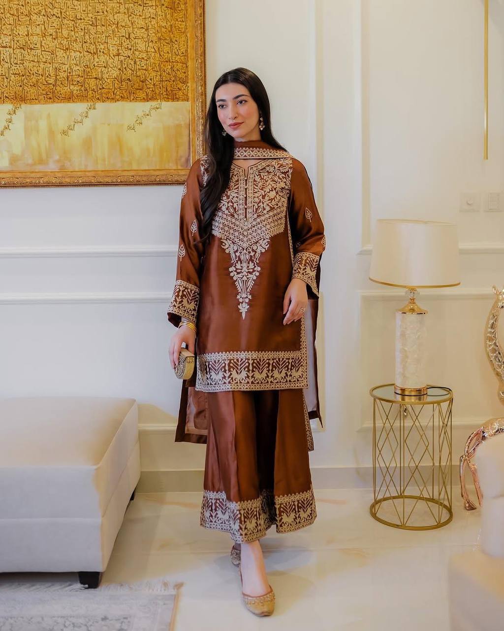 Chinestitch Embroidered Natural Crepe Suit Set with Plazo and Dupatta Featuring Four-Side Lace
