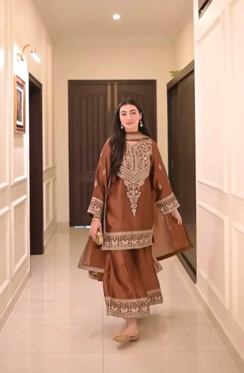 Chinestitch Embroidered Natural Crepe Suit Set with Plazo and Dupatta Featuring Four-Side Lace