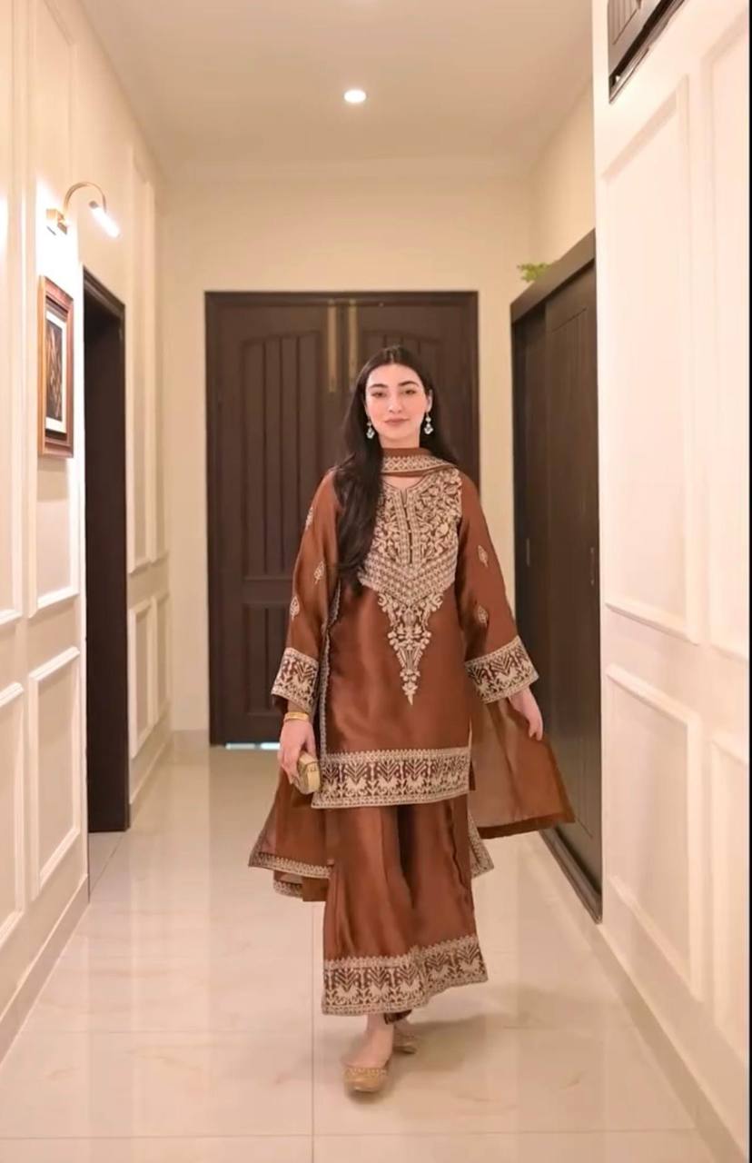 Chinestitch Embroidered Natural Crepe Suit Set with Plazo and Dupatta Featuring Four-Side Lace