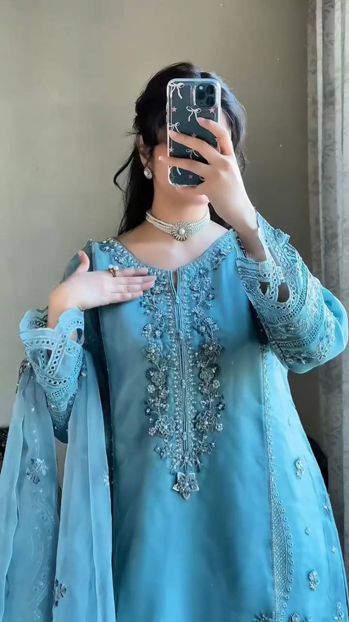 Luxury Georgette Suit with Embroidered Sequence Work and Stylish Cutwork Sleeves