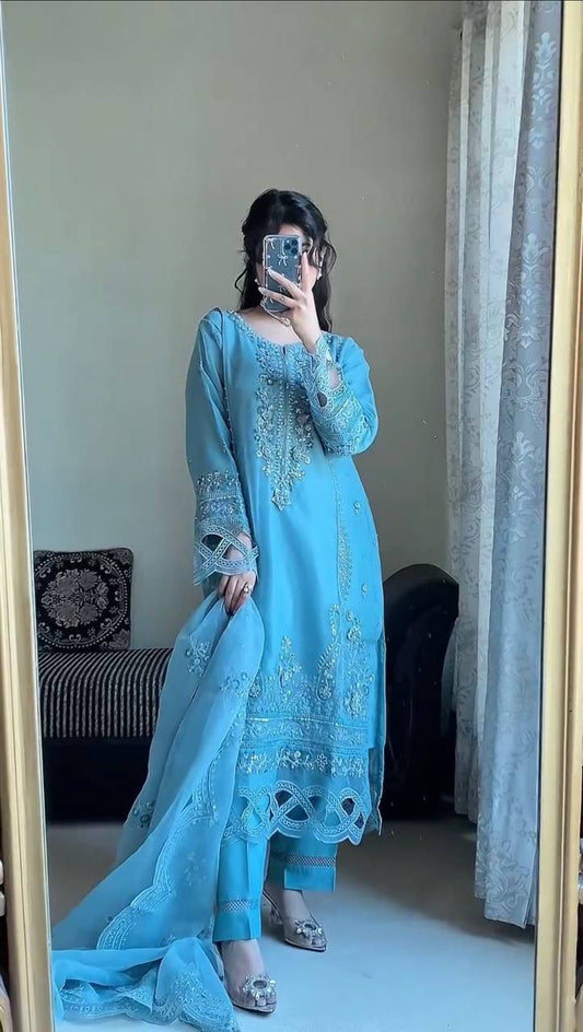 Luxury Georgette Suit with Embroidered Sequence Work and Stylish Cutwork Sleeves