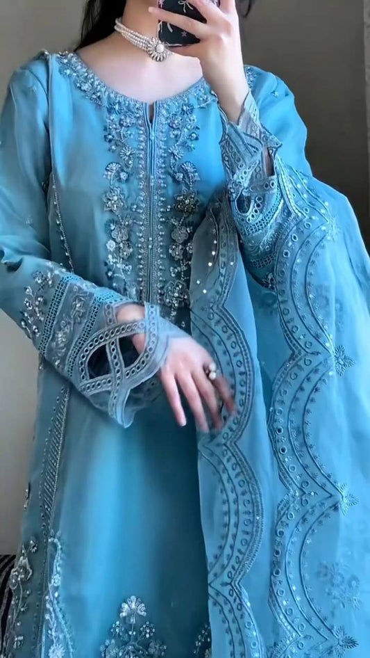 Luxury Georgette Suit with Embroidered Sequence Work and Stylish Cutwork Sleeves