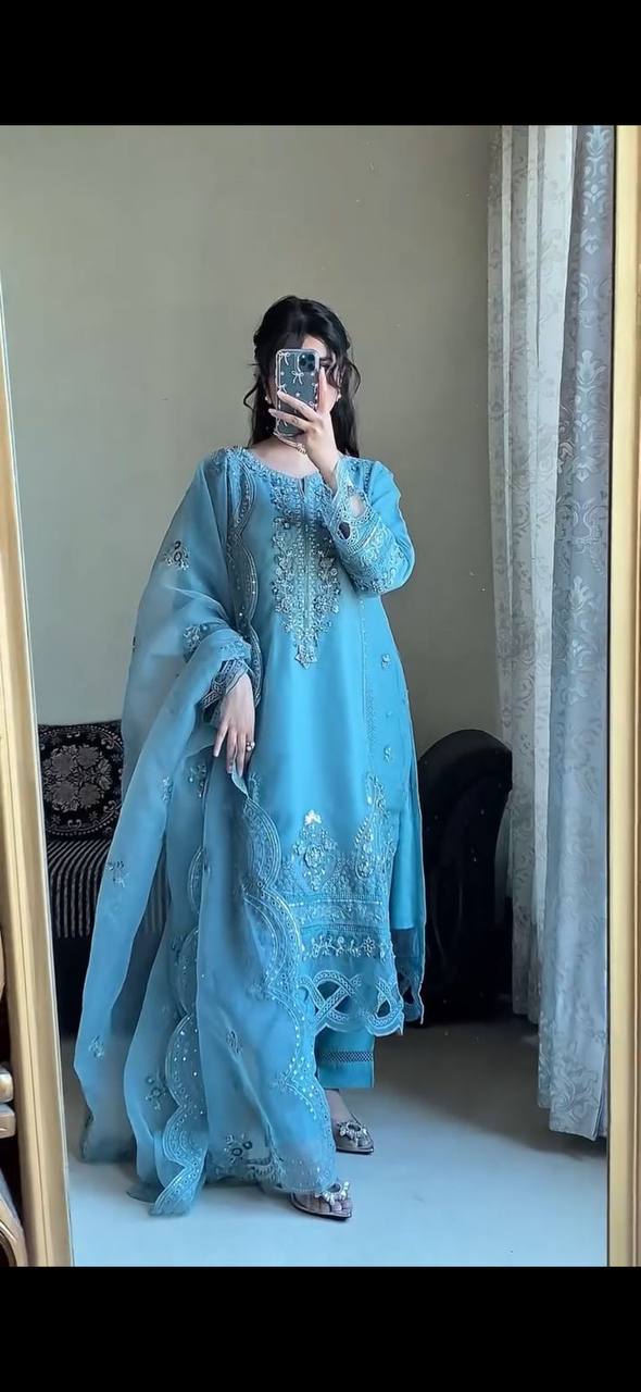 Luxury Georgette Suit with Embroidered Sequence Work and Stylish Cutwork Sleeves