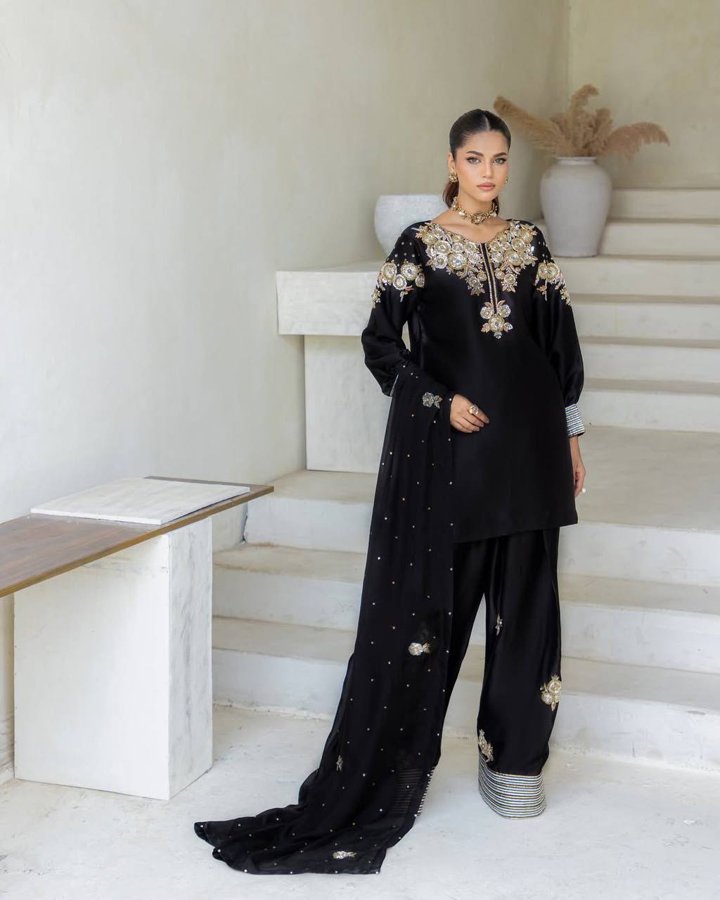 Ready-to-Wear Designer Crape Silk Suit with Plazzo & Embroidered Detailing