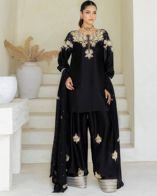 Ready-to-Wear Designer Crape Silk Suit with Plazzo & Embroidered Detailing