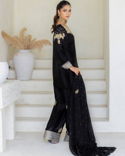 Ready-to-Wear Designer Crape Silk Suit with Plazzo & Embroidered Detailing