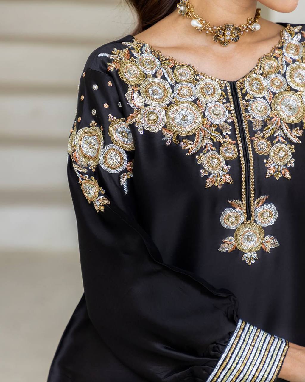 Ready-to-Wear Designer Crape Silk Suit with Plazzo & Embroidered Detailing