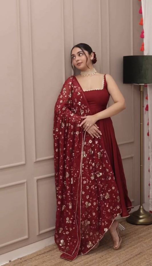 Graceful Party Wear Gown in Faux Georgette with Sequin Embroidery and Lace Border Dupatta