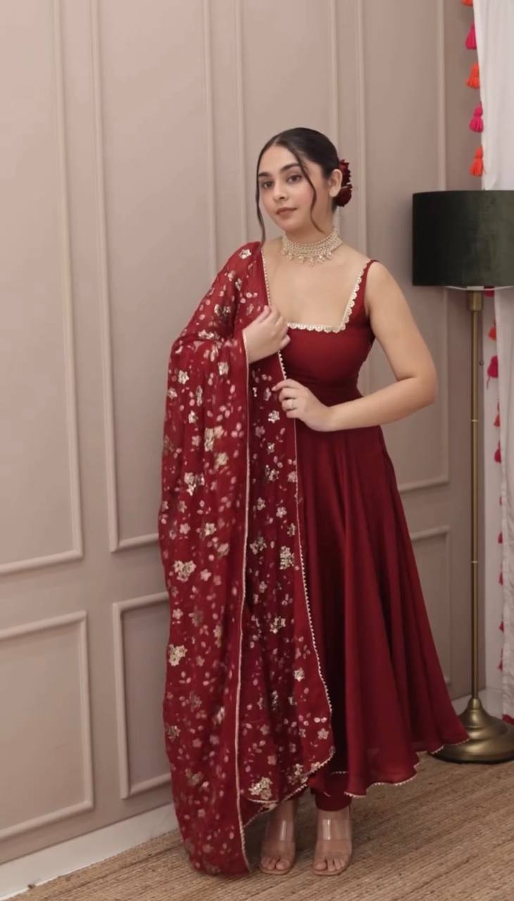 Graceful Party Wear Gown in Faux Georgette with Sequin Embroidery and Lace Border Dupatta