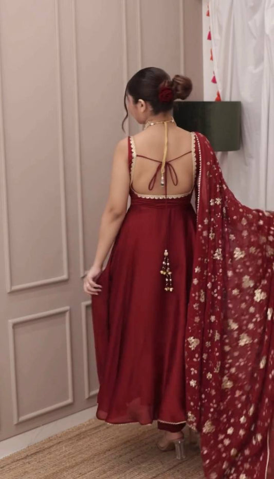 Graceful Party Wear Gown in Faux Georgette with Sequin Embroidery and Lace Border Dupatta