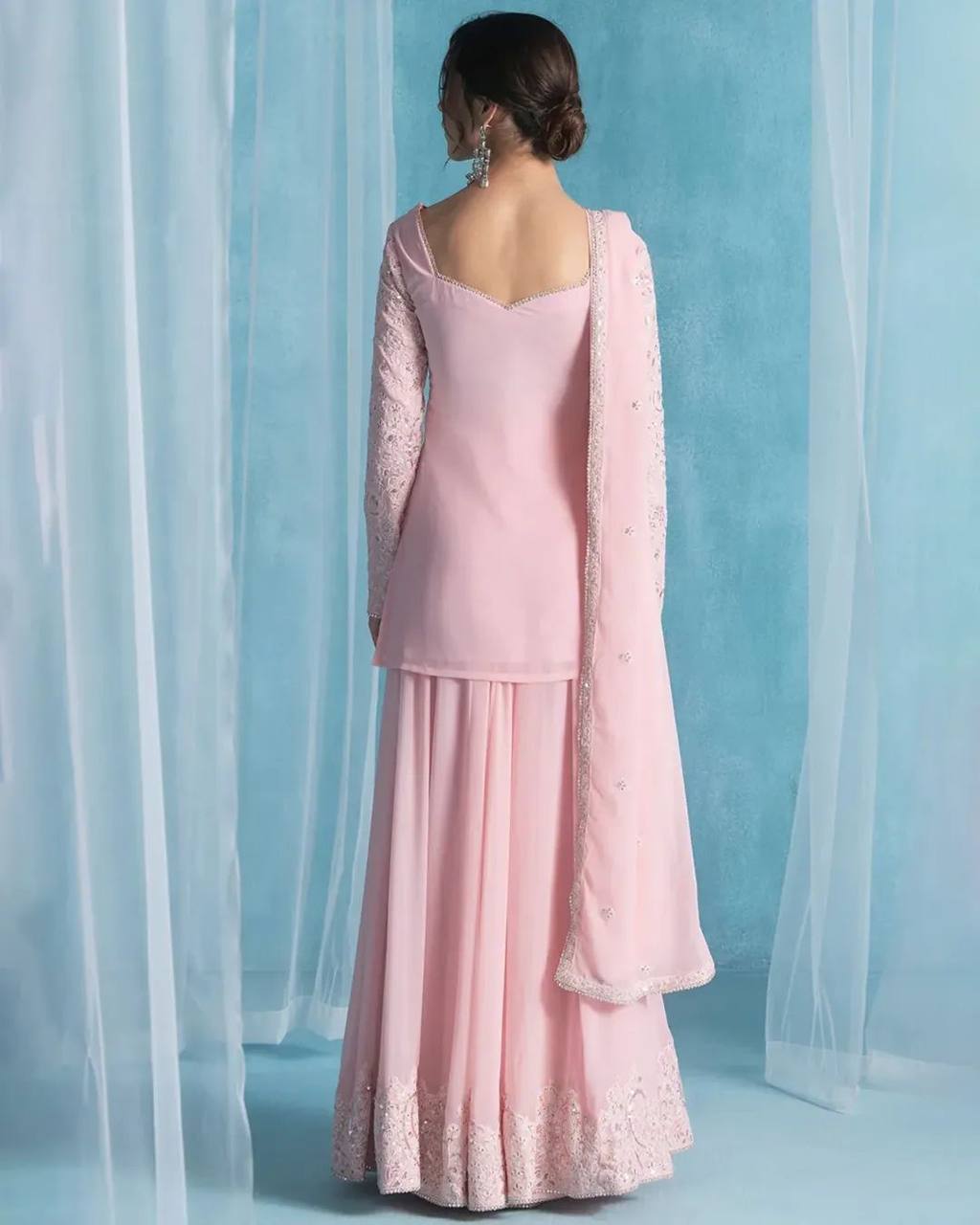 Designer Pink Georgette Suit with Sequins Embroidery Featuring Kurti Palazzo and Dupatta