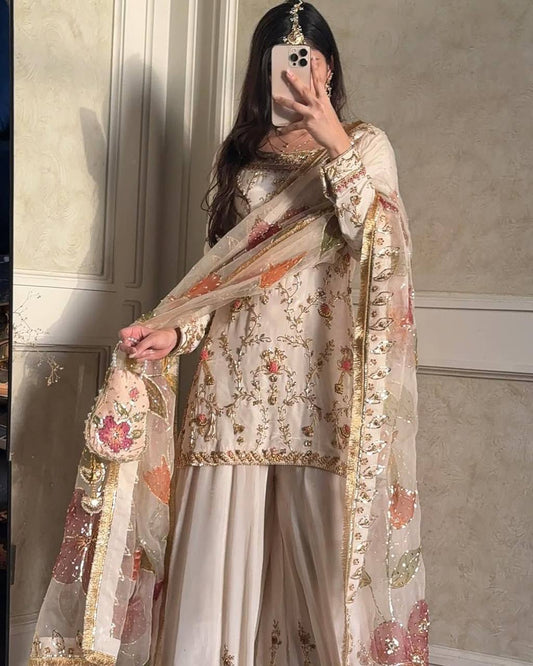 Premium Chinon Suit Featuring Sequance Embroidery on Top and Palazzo with Elegant Dupatta