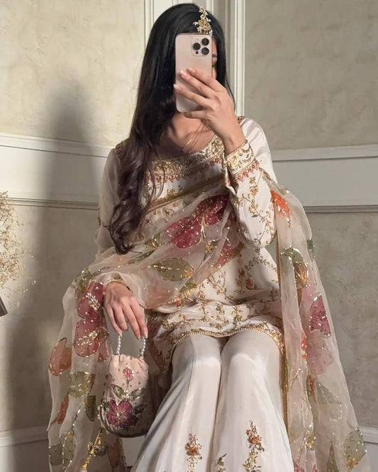 Premium Chinon Suit Featuring Sequance Embroidery on Top and Palazzo with Elegant Dupatta