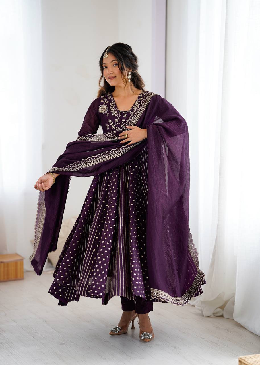 Anarkali Gown in Crunchy Silk with Sequin Embroidery, Paired with Micro Cotton Pants and Lace Dupatta