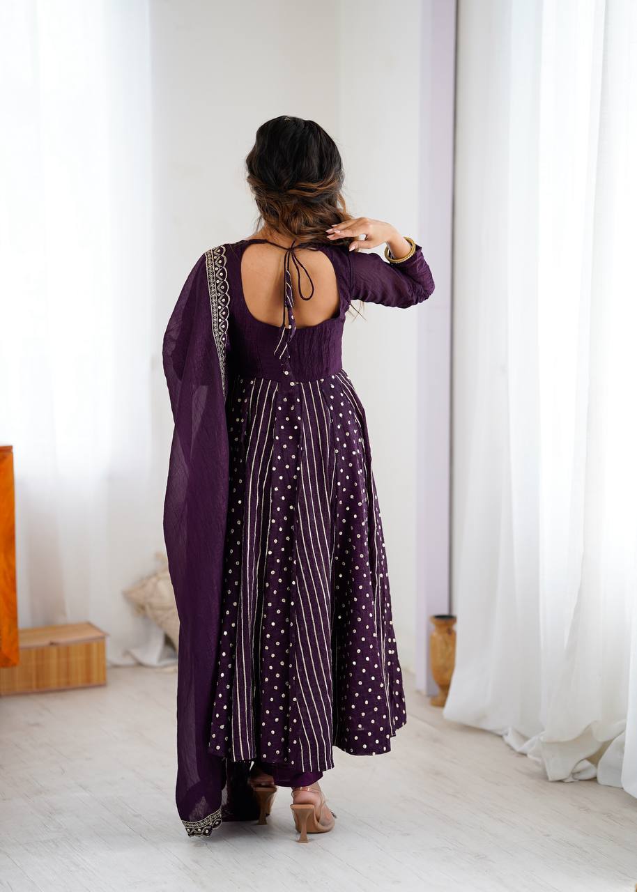 Anarkali Gown in Crunchy Silk with Sequin Embroidery, Paired with Micro Cotton Pants and Lace Dupatta