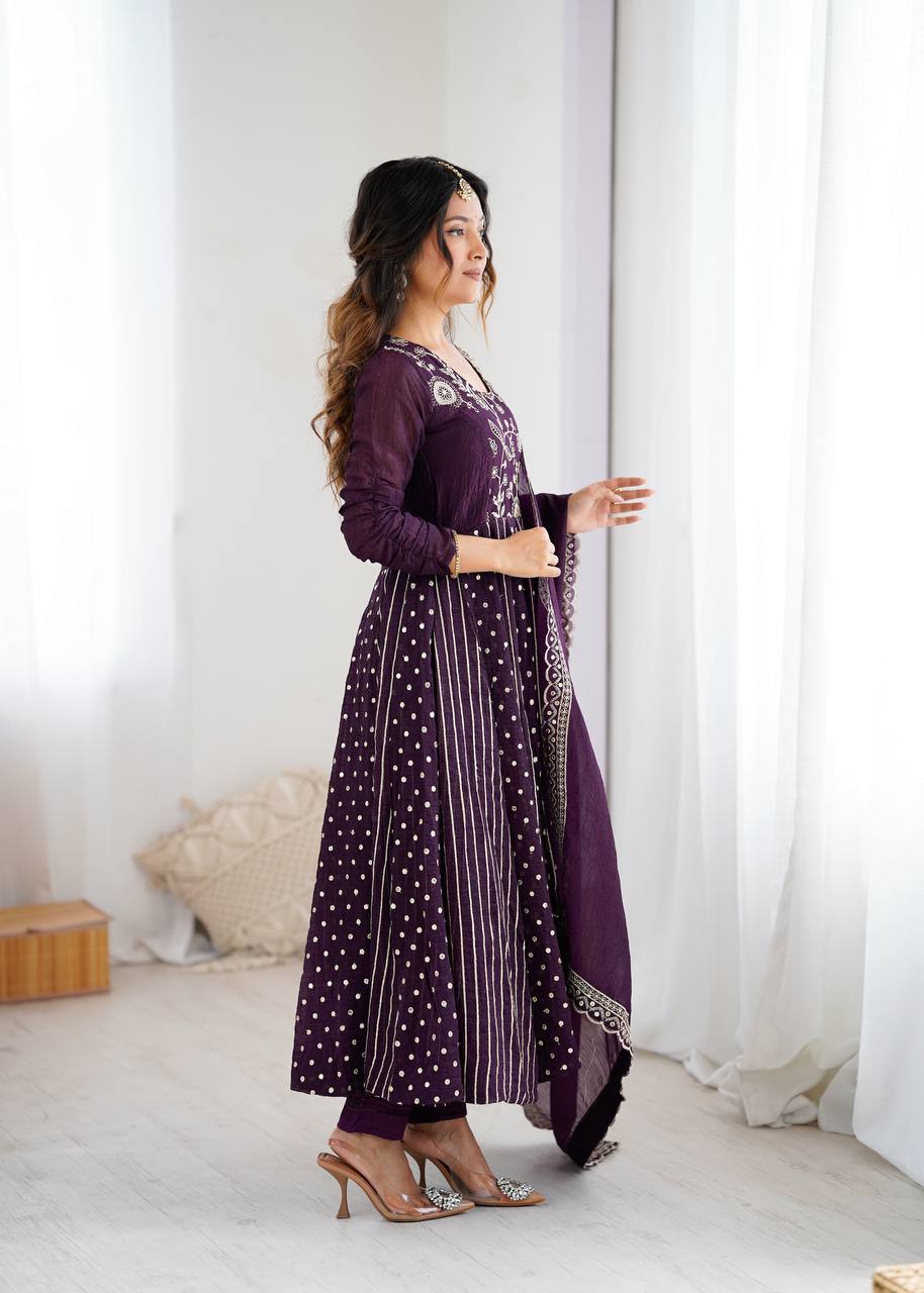 Anarkali Gown in Crunchy Silk with Sequin Embroidery, Paired with Micro Cotton Pants and Lace Dupatta