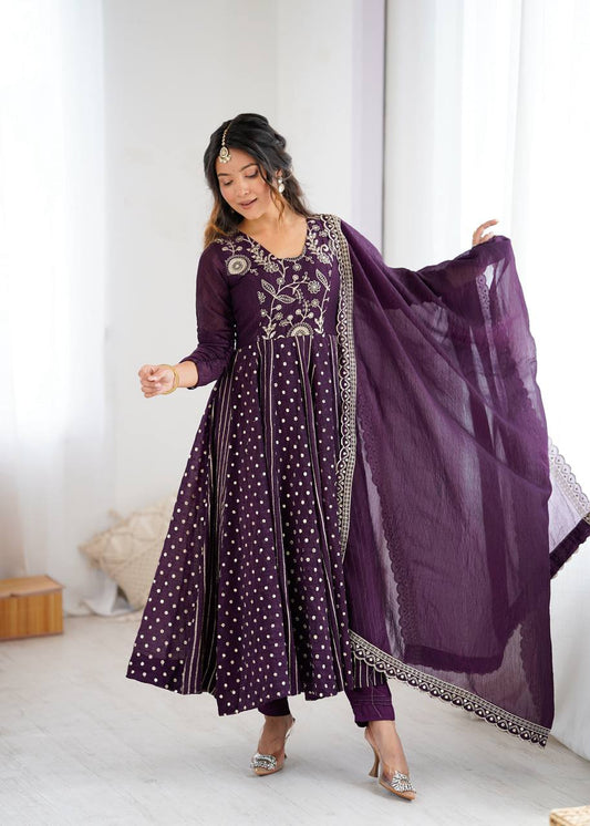 Anarkali Gown in Crunchy Silk with Sequin Embroidery, Paired with Micro Cotton Pants and Lace Dupatta