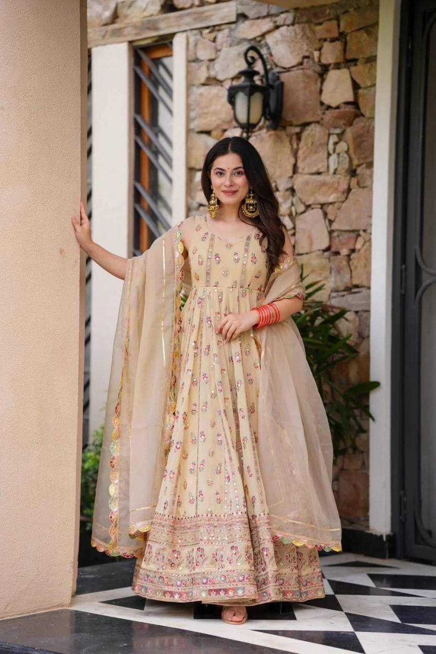 Elegant Faux Georgette Gown with Sequin Embroidery and Stretchable Waist Pants in Micro Cotton