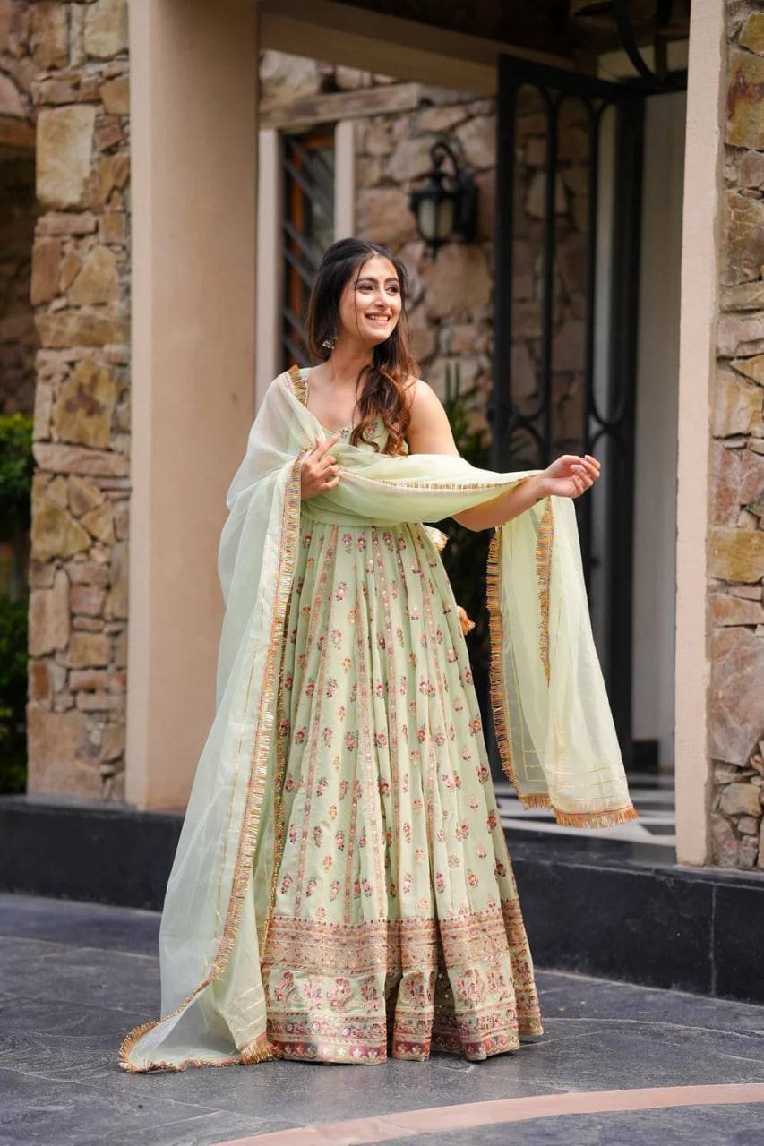 Elegant Faux Georgette Gown with Sequin Embroidery and Stretchable Waist Pants in Micro Cotton