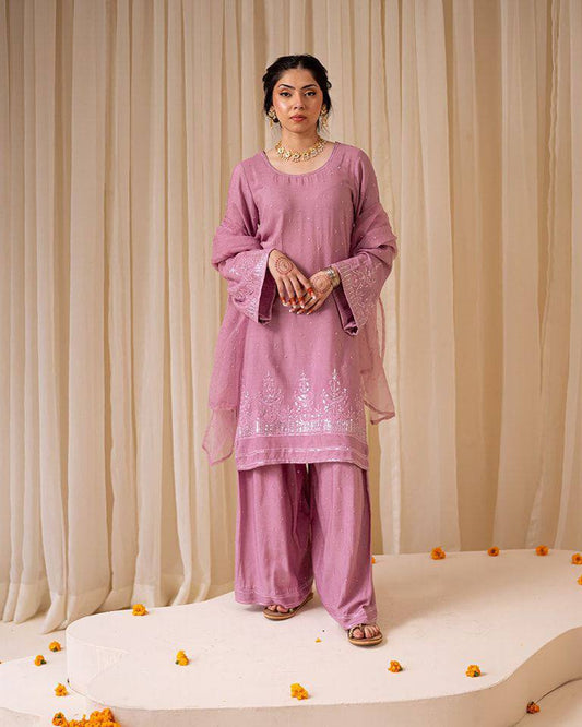 Luxury Embroidered Georgette Suit Set with Coordinated Dupatta and Palazzo