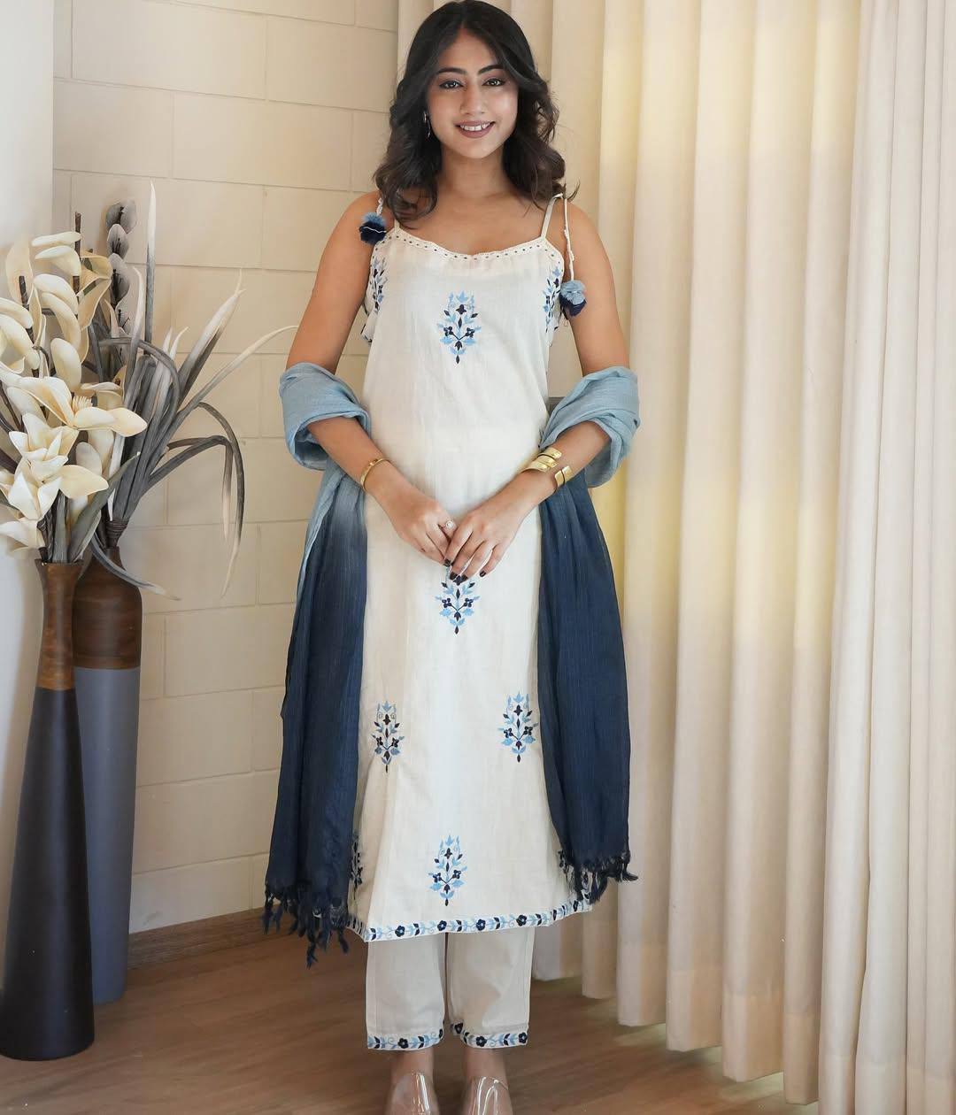 Premium Off-White and Blue Striped Kurti and Pant Set with Dupatta in Kora Cotton