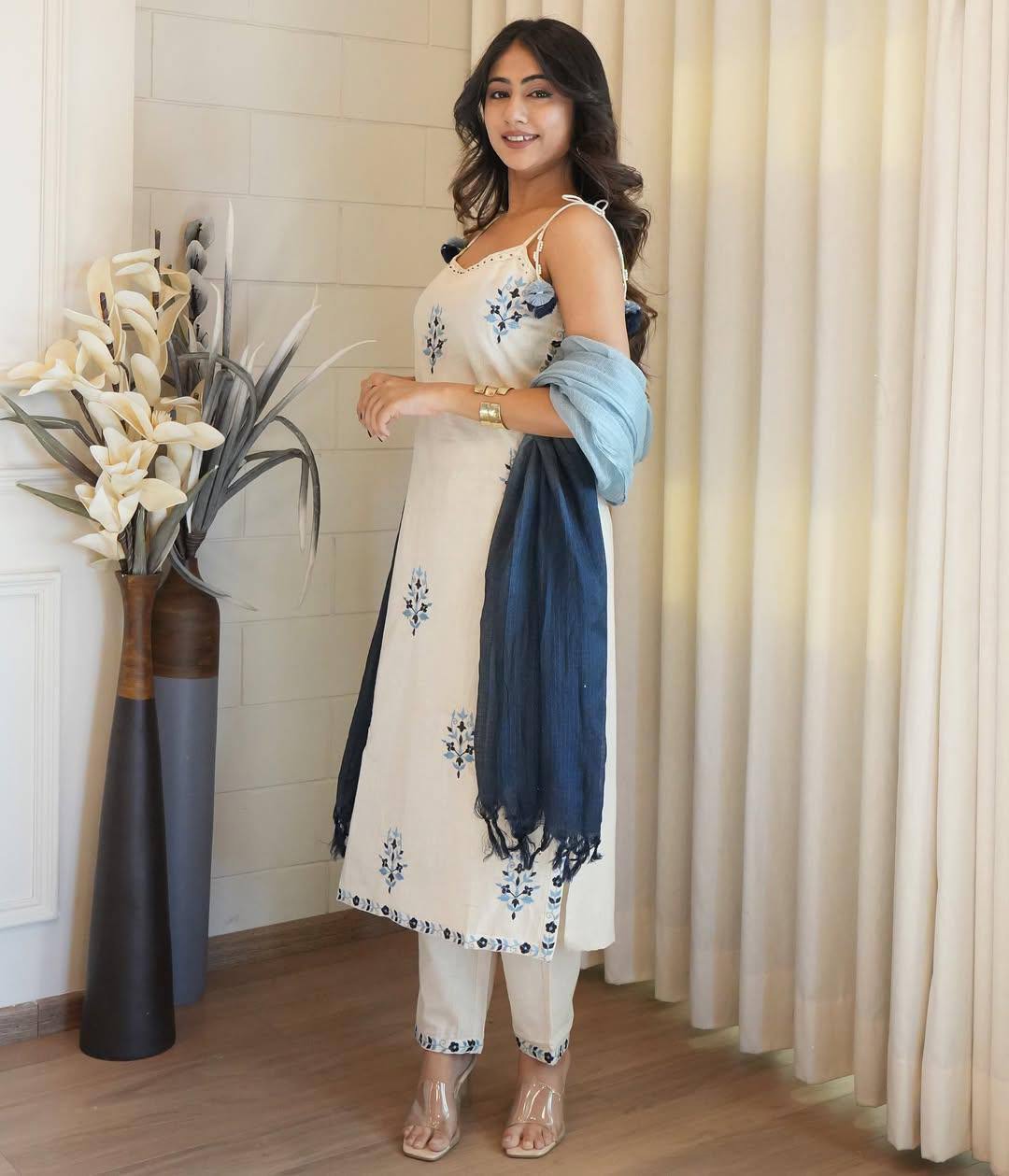 Premium Off-White and Blue Striped Kurti and Pant Set with Dupatta in Kora Cotton