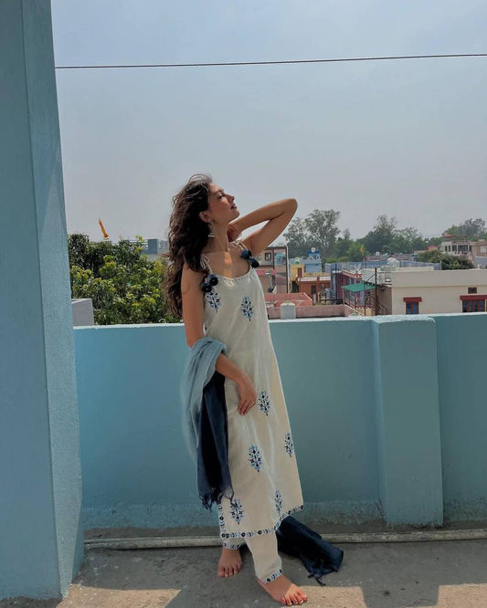 Premium Off-White and Blue Striped Kurti and Pant Set with Dupatta in Kora Cotton