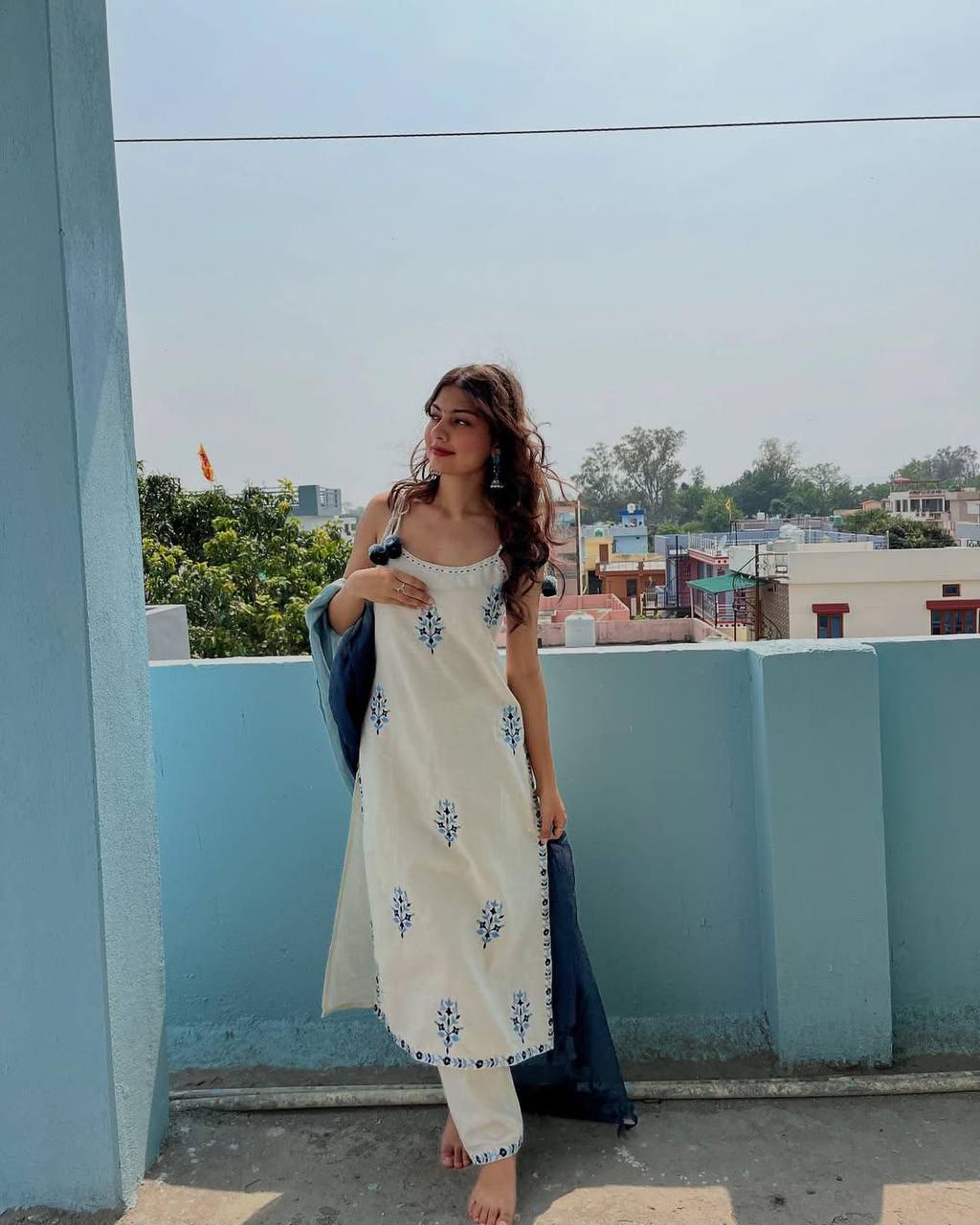 Premium Off-White and Blue Striped Kurti and Pant Set with Dupatta in Kora Cotton