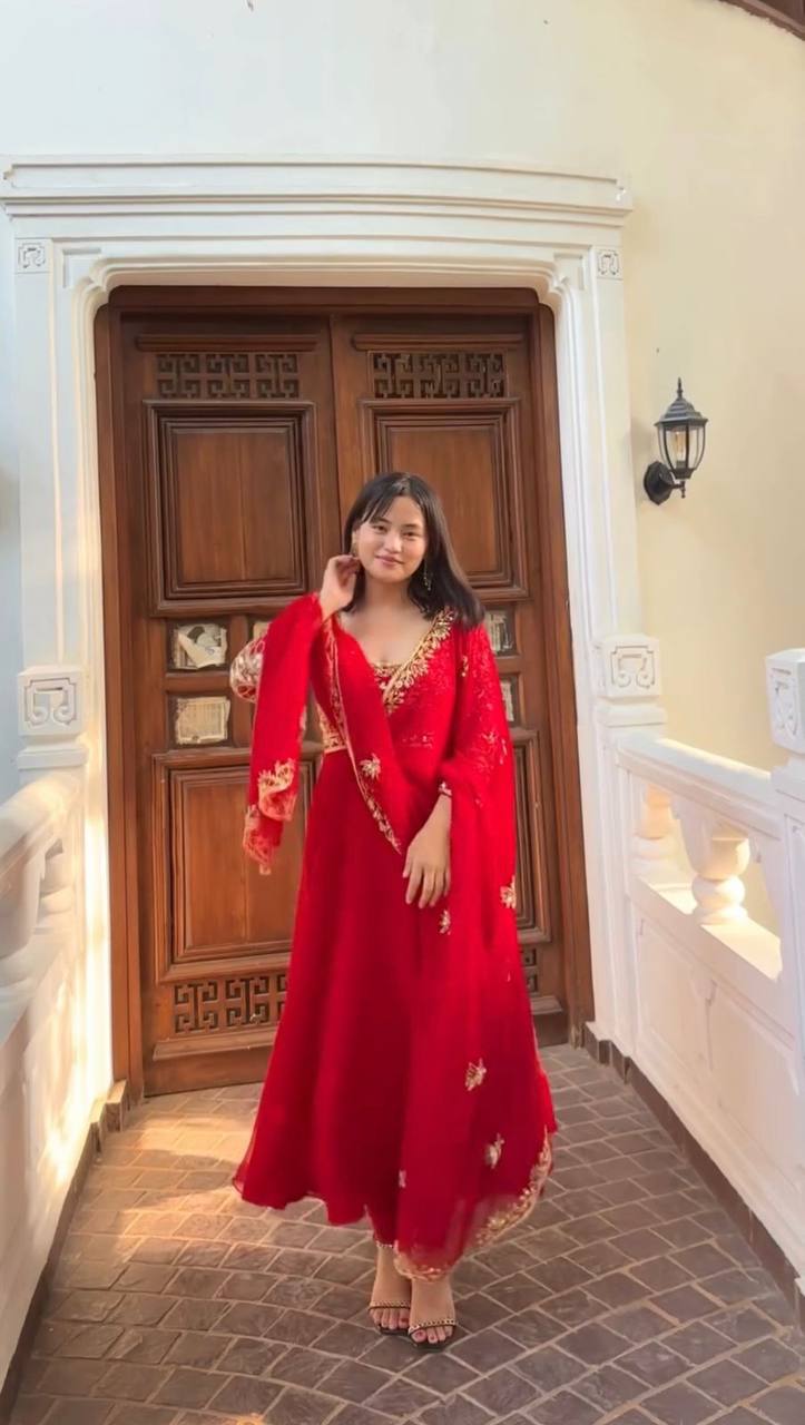 Red Designer Gown and Pant Set with Dupatta – All-Side Sequin Embroidery in Georgette