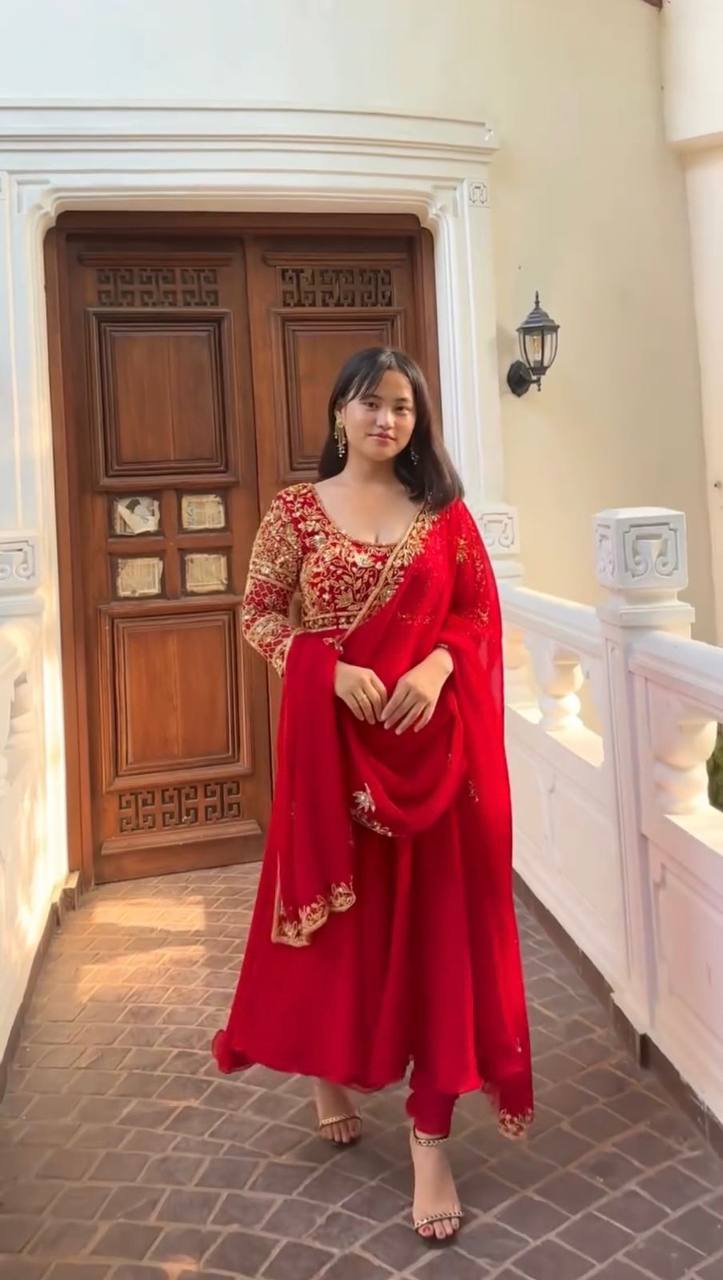 Red Designer Gown and Pant Set with Dupatta – All-Side Sequin Embroidery in Georgette